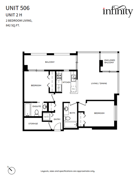 Floor plan for 2 beds, 2 baths